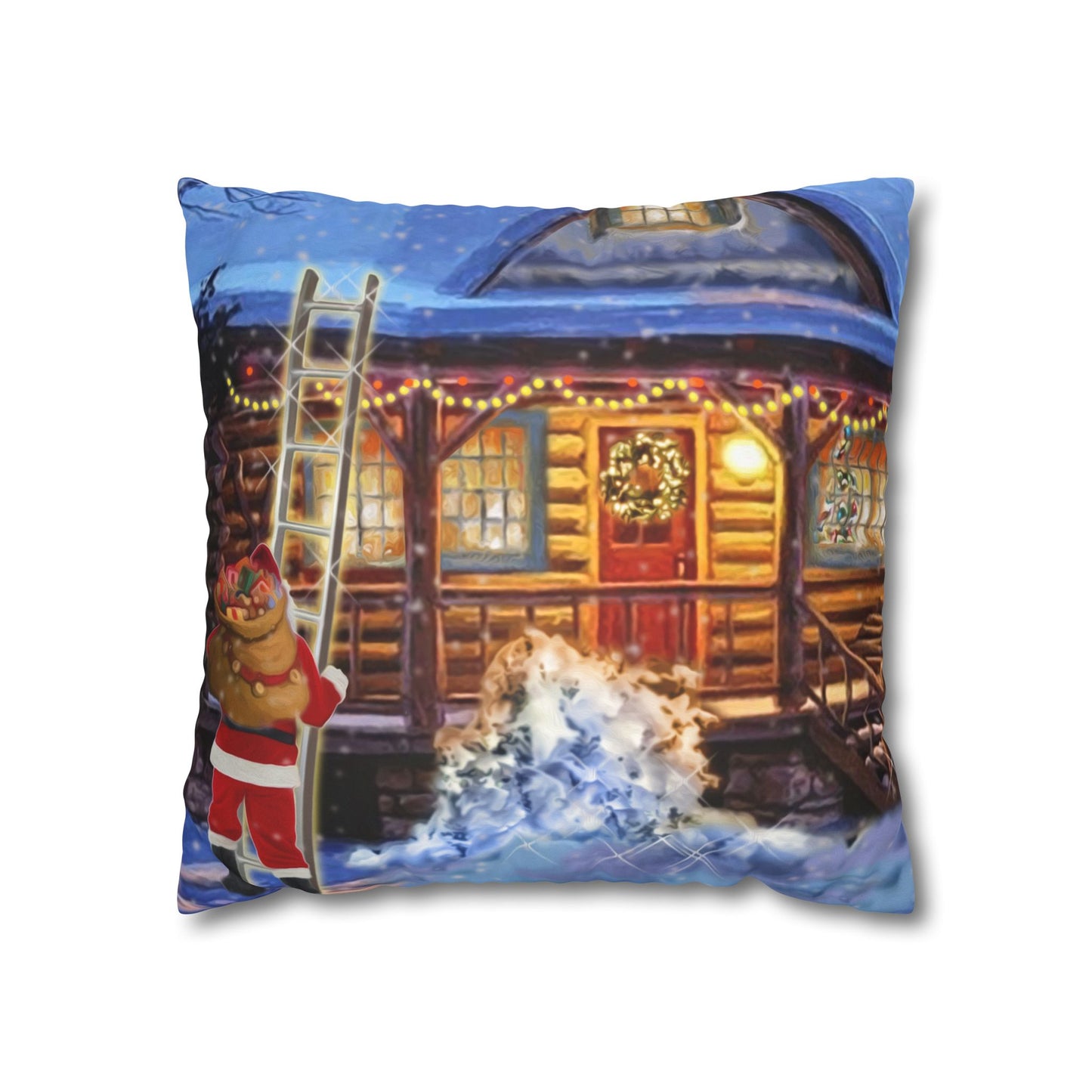 Faux Suede Square Pillow Case - Santa on the Ladder