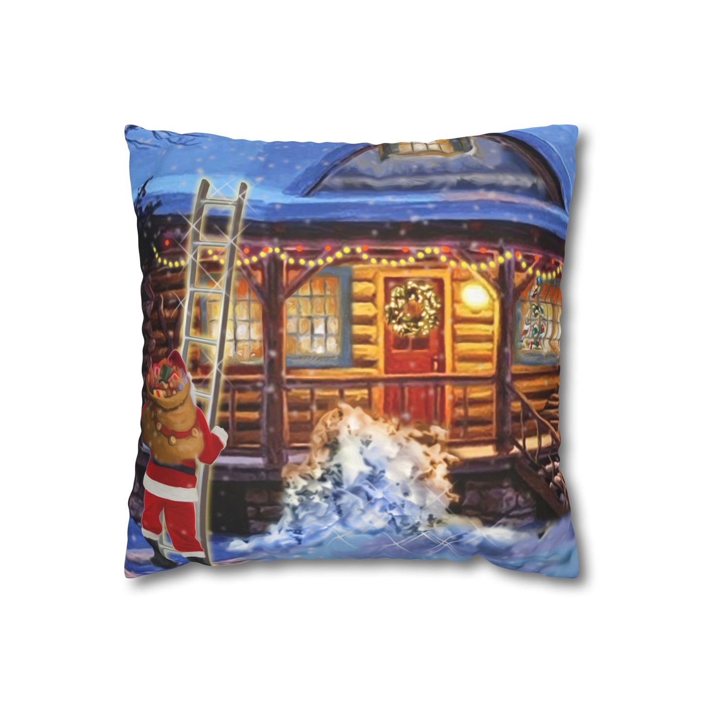 Faux Suede Square Pillow Case - Santa on the Ladder