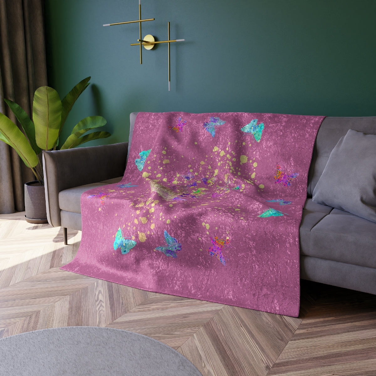 Crushed Velvet Blanket - Butterflies with Heart Pink