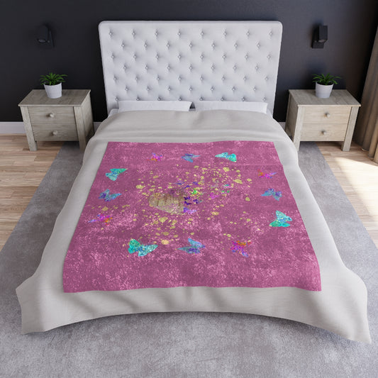 Crushed Velvet Blanket - Butterflies with Heart Pink