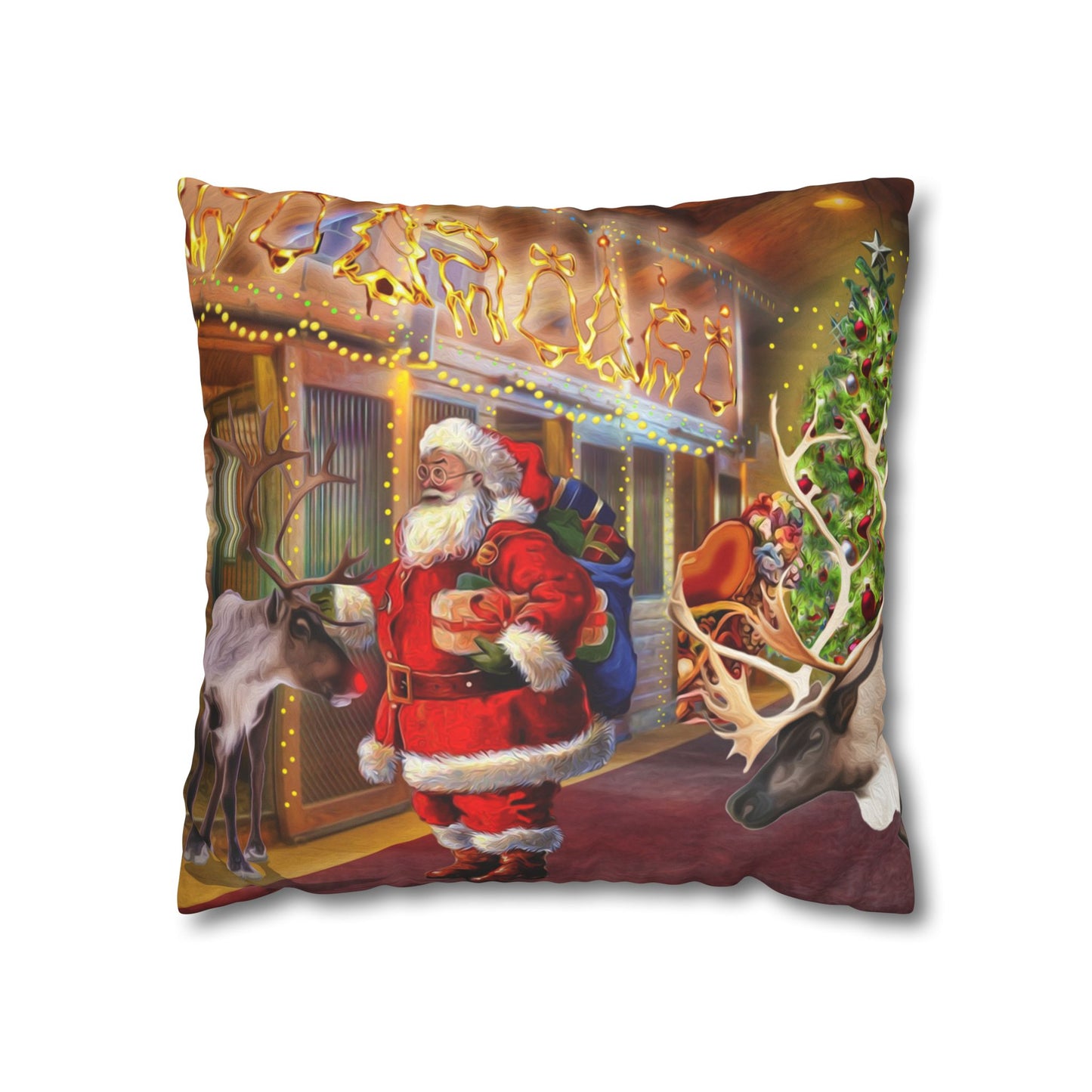 Faux Suede Square Pillow Case - Santa's Reindeer