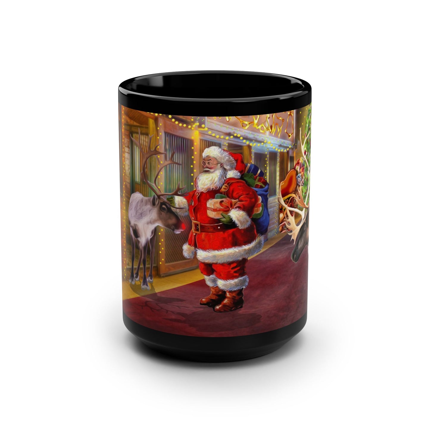 15oz Black Mug - Santa's Reindeer