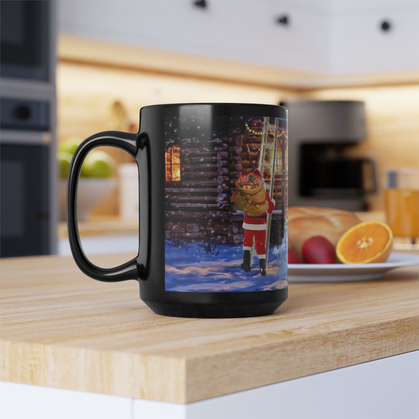 15oz Black Mug - Santa on a ladder