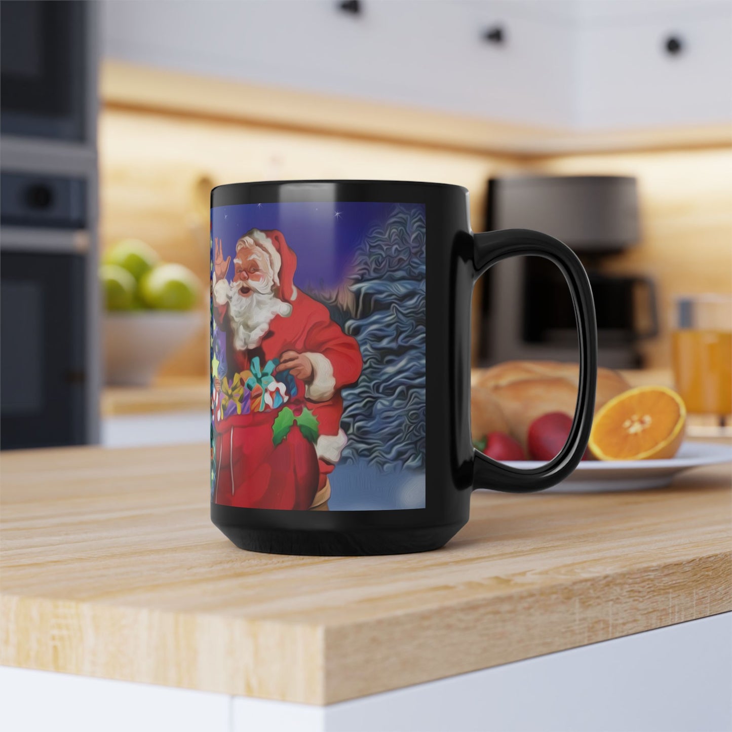 15oz Black Mug - Santa waiving