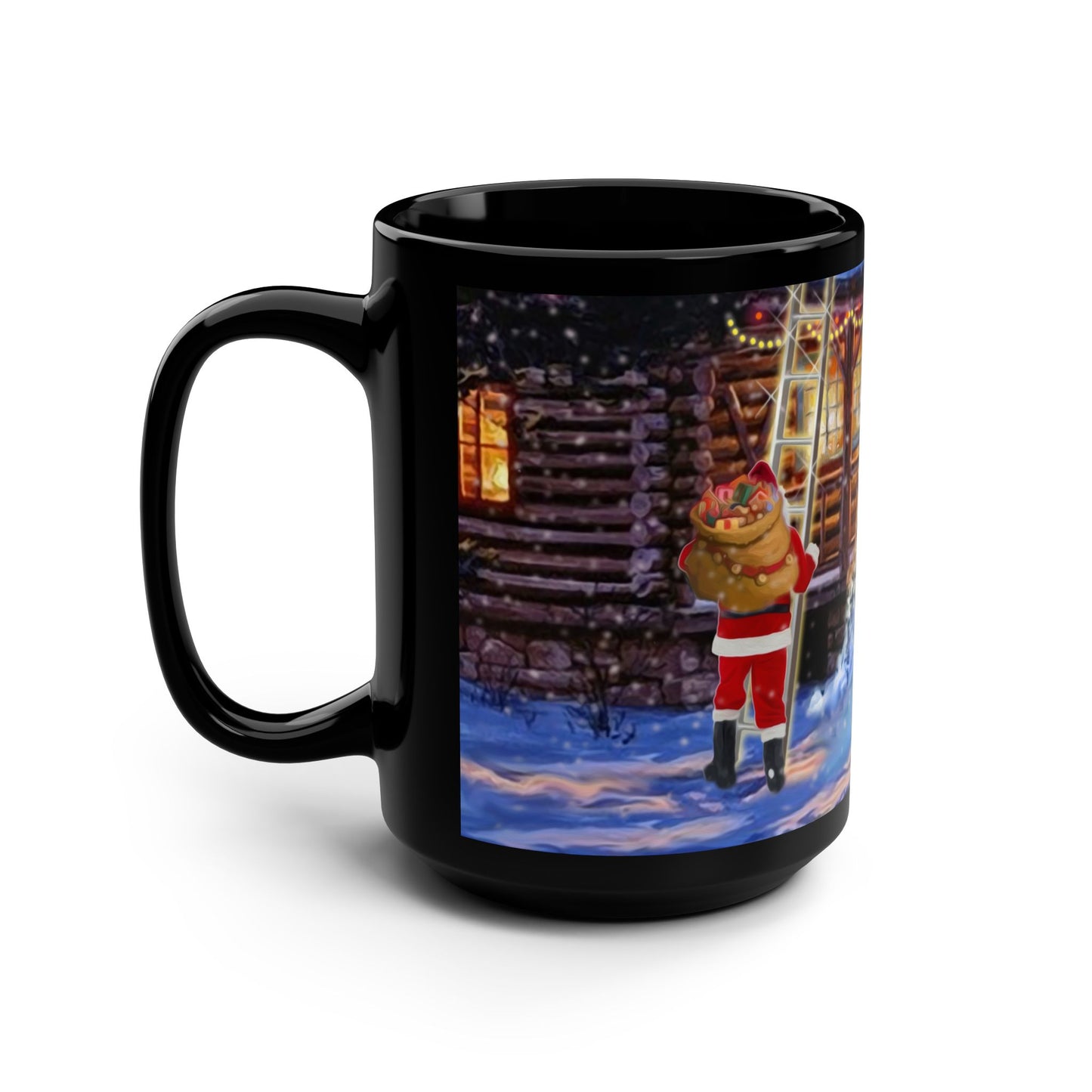 15oz Black Mug - Santa on a ladder