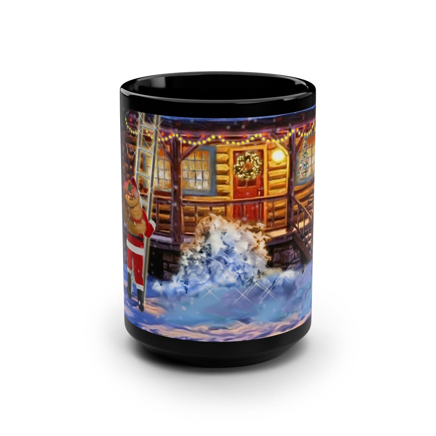 15oz Black Mug - Santa on a ladder