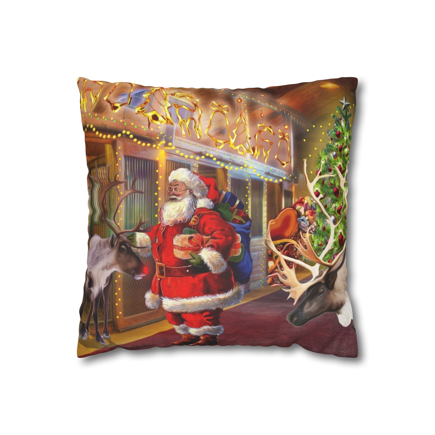 Faux Suede Square Pillow Case - Santa's Reindeer